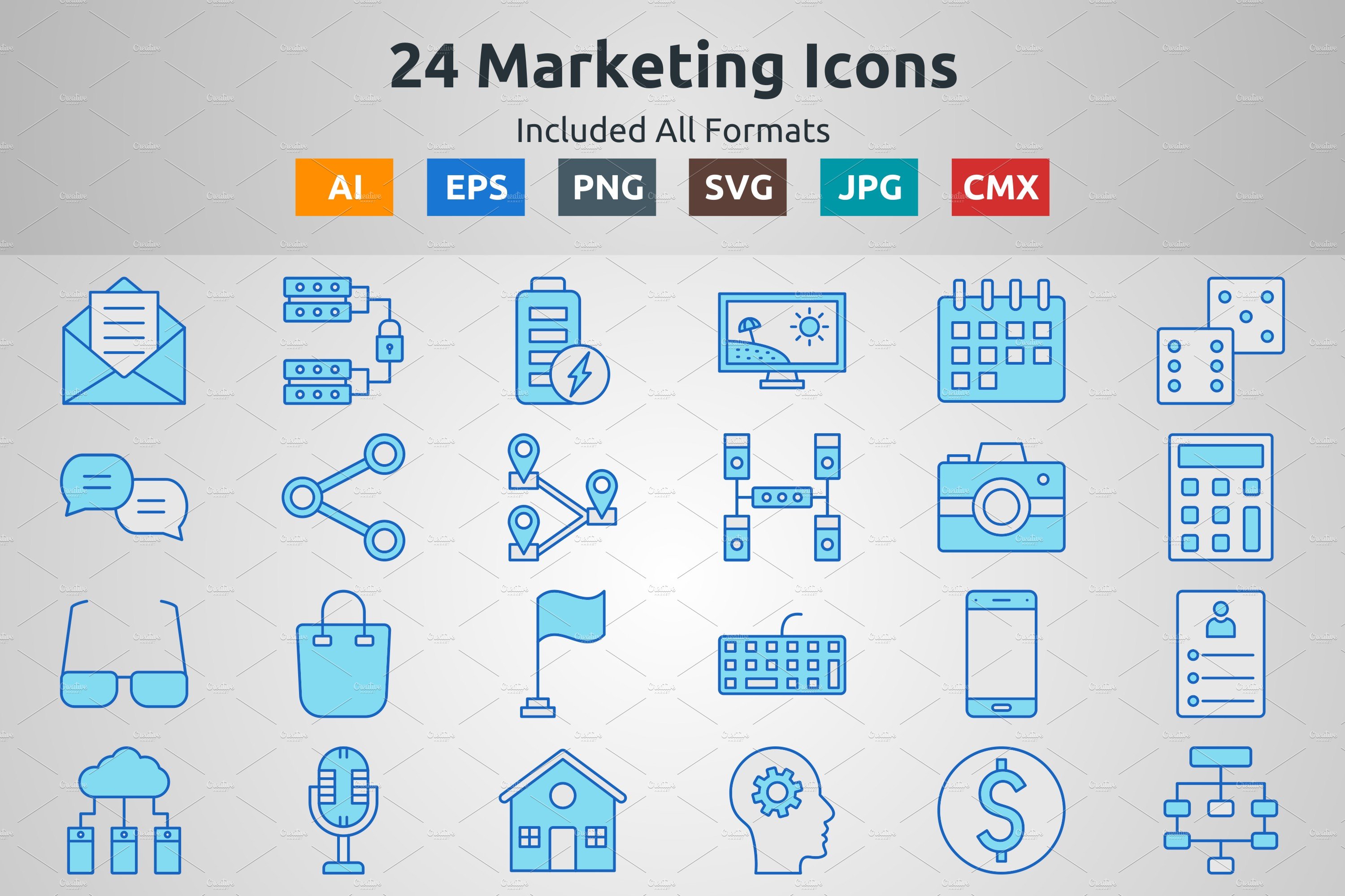 Blue Filled Outline Marketing Icons cover image.