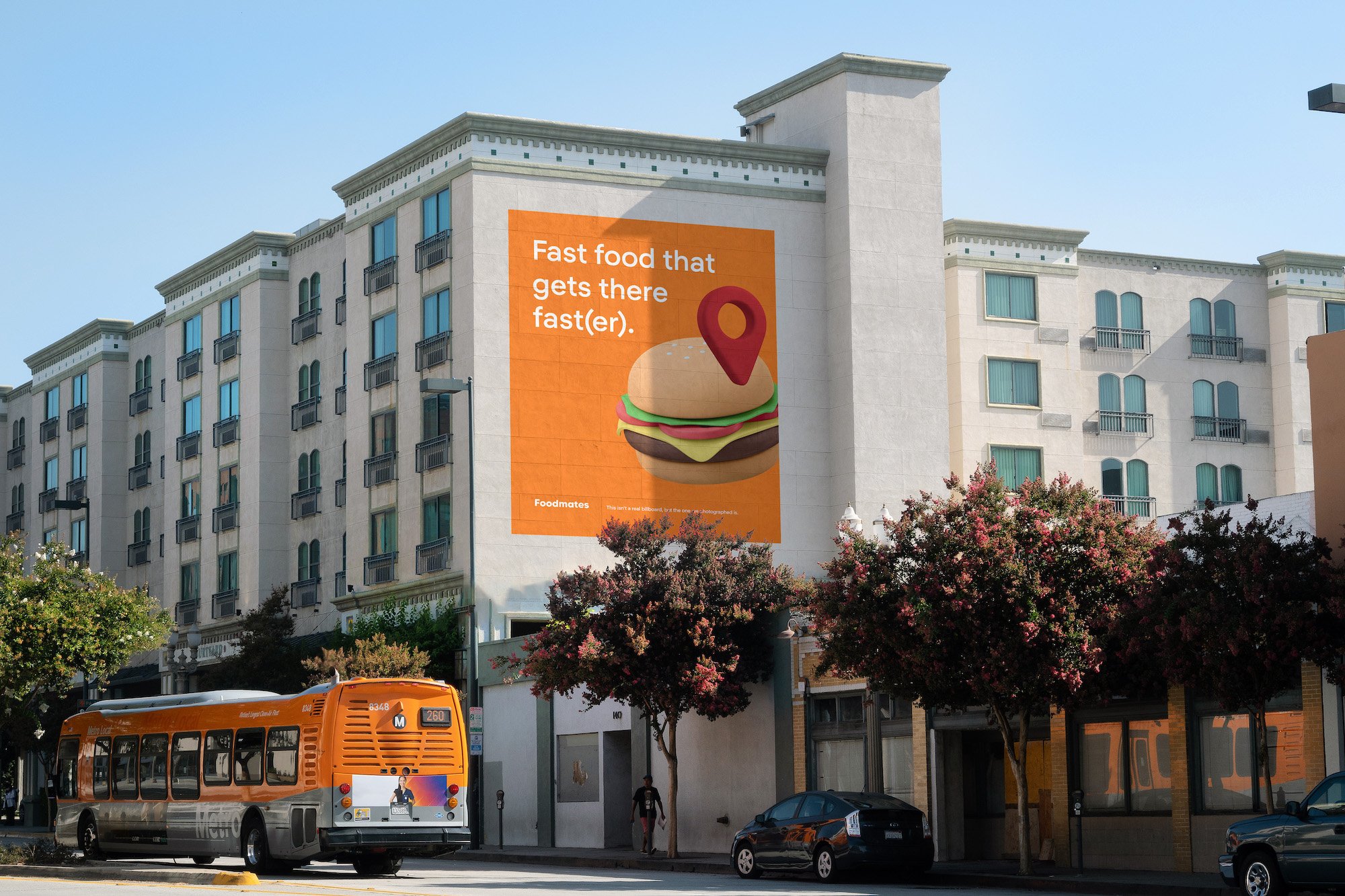 painted downtown billboard with bus mockup psd food 448