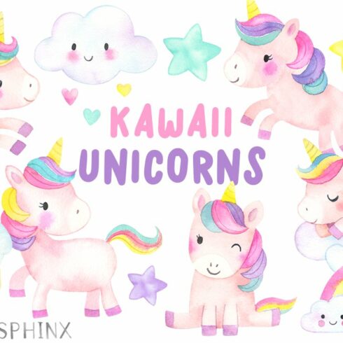 Kawaii Unicorns Clipart Pack cover image.