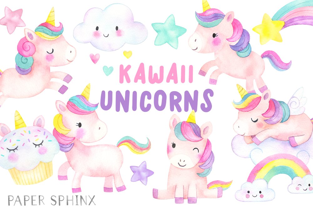 Kawaii Unicorns Clipart Pack cover image.