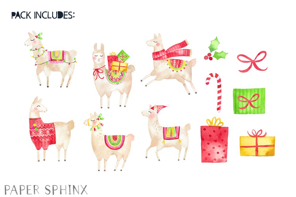 Christmas Llamas Clipart preview image.