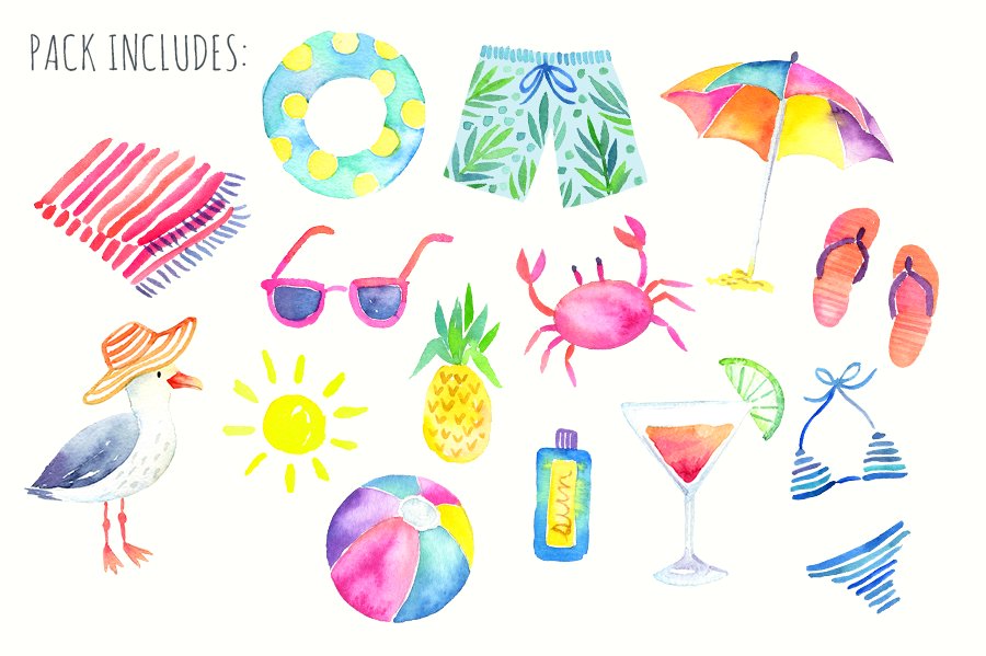 Summer Beach Party Watercolor Pack preview image.