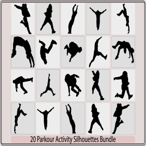 set vector silhouettes parkour,Set parkour silhouette vector illustrationSilhouettes of people engaged in parkour,The set of six parkour silhouette cover image.