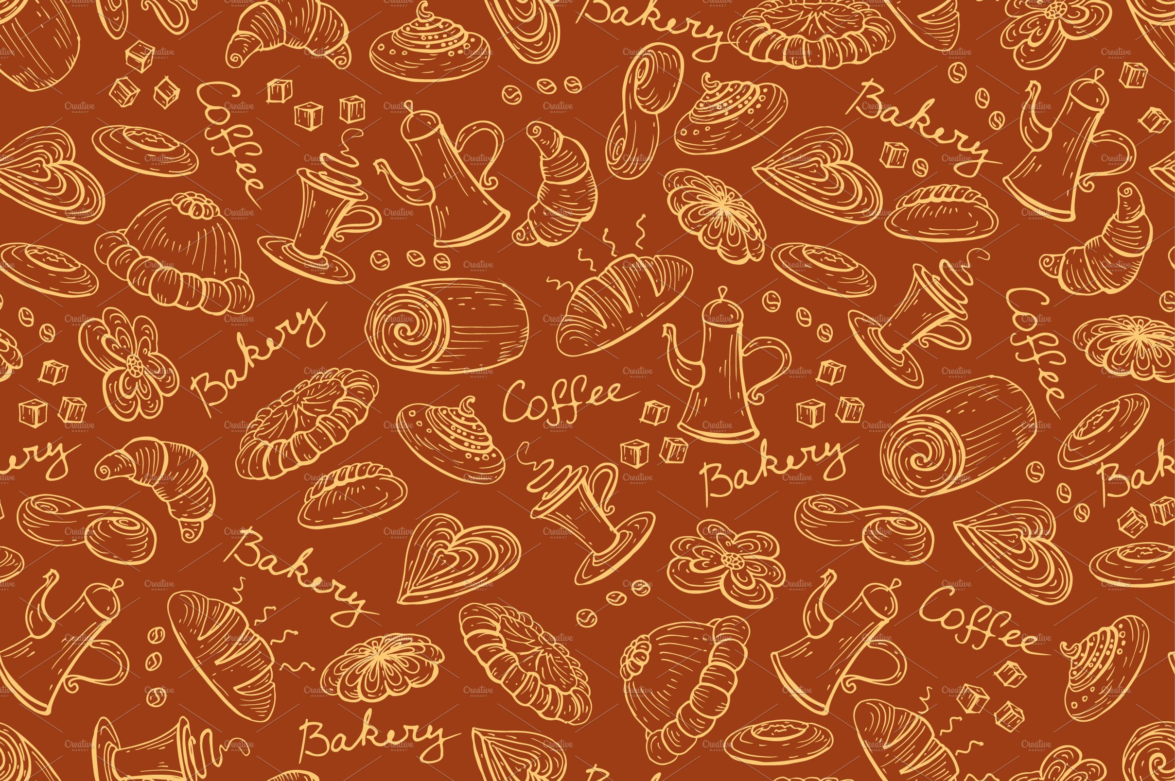 Pattern with bread bakery products cover image.