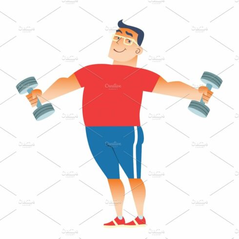 Fat man plays sports with dumbbells cover image.