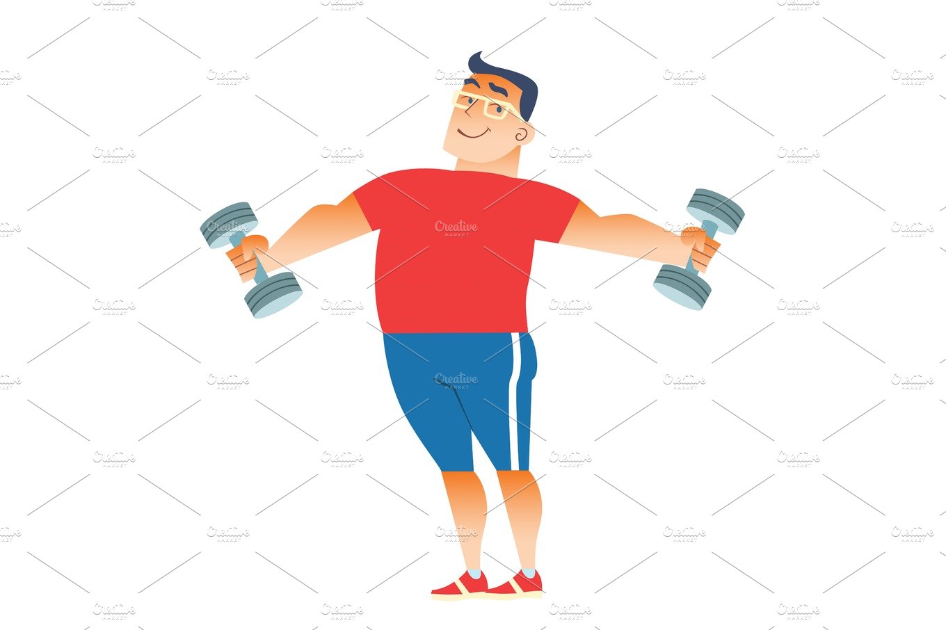 Fat man plays sports with dumbbells cover image.