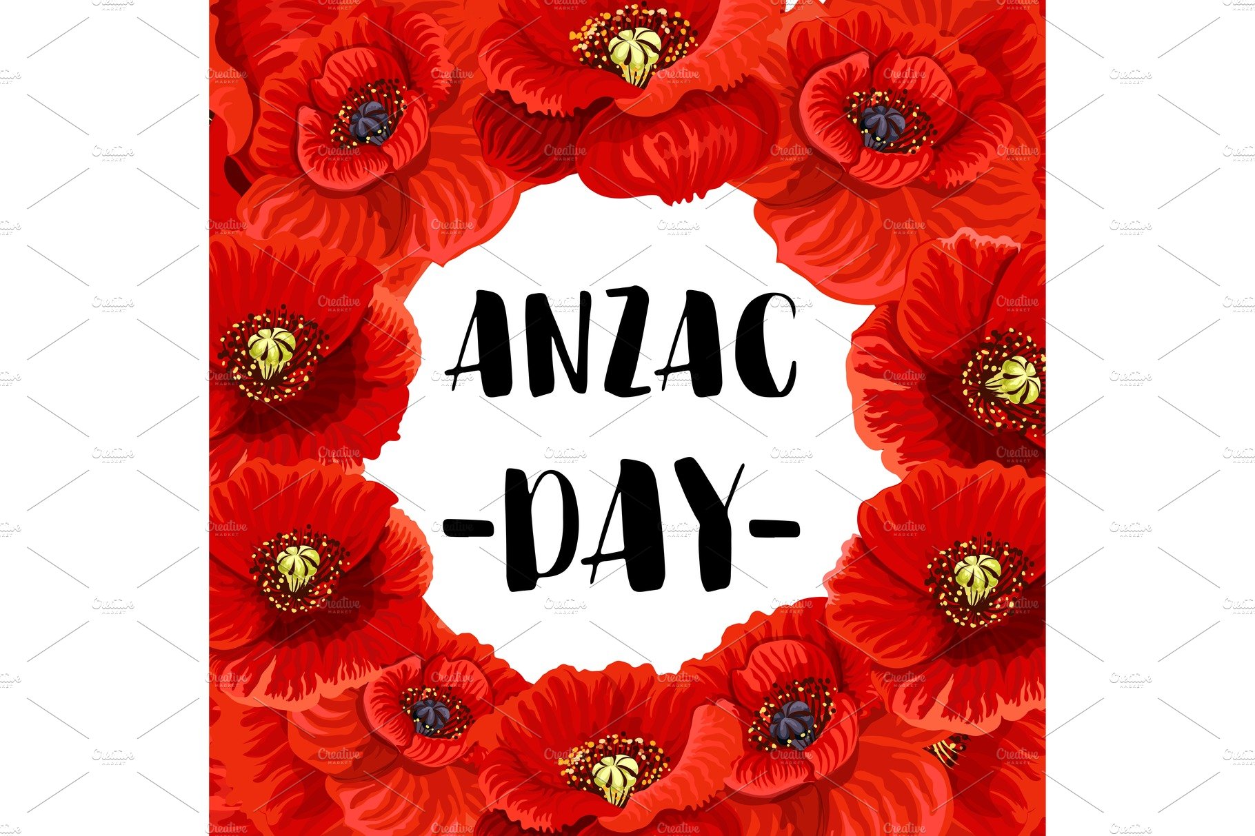 Anzac Day war memorial day red poppy vector poster cover image.