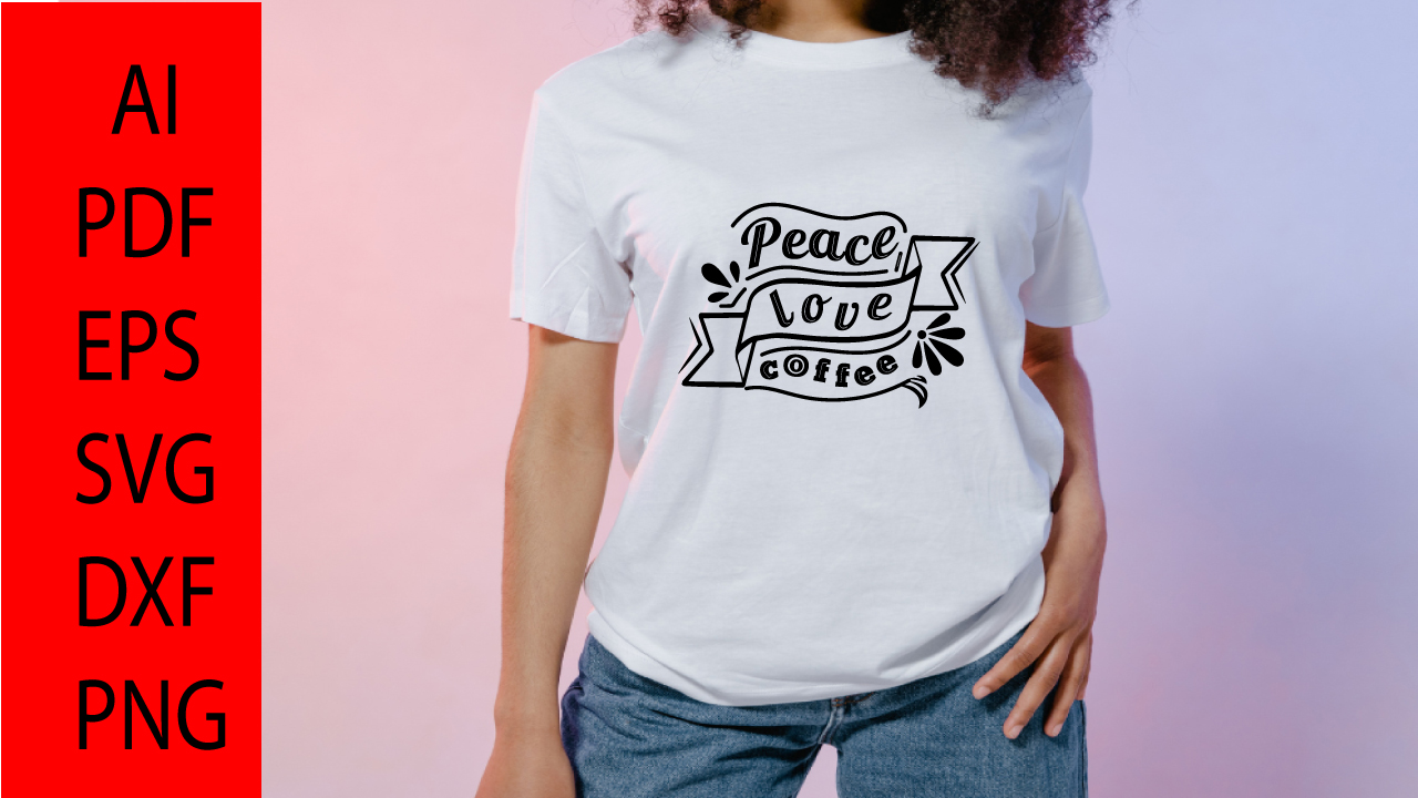 Woman wearing a white t - shirt that says peace love coffee.