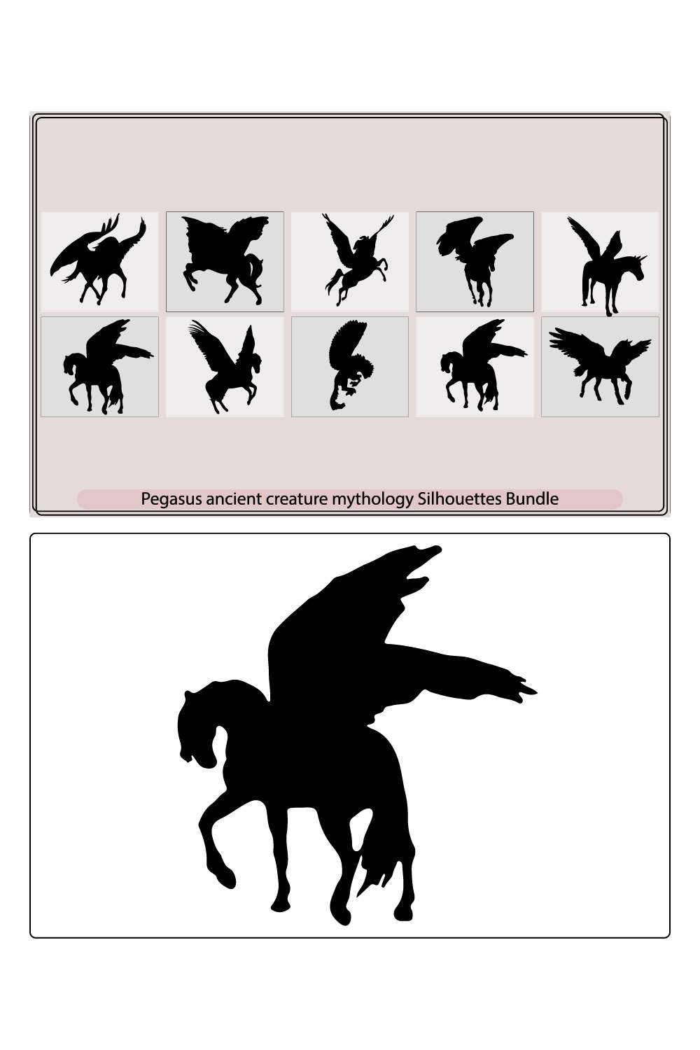 Pegasus Icon Silhouette Illustration,Vector flat pegasus silhouette isolated on white background, pinterest preview image.