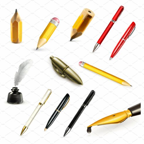 Pen, pencil, feather, ink, vectors cover image.