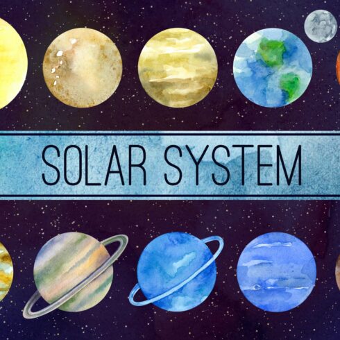 Solar system Watercolor clipart cover image.