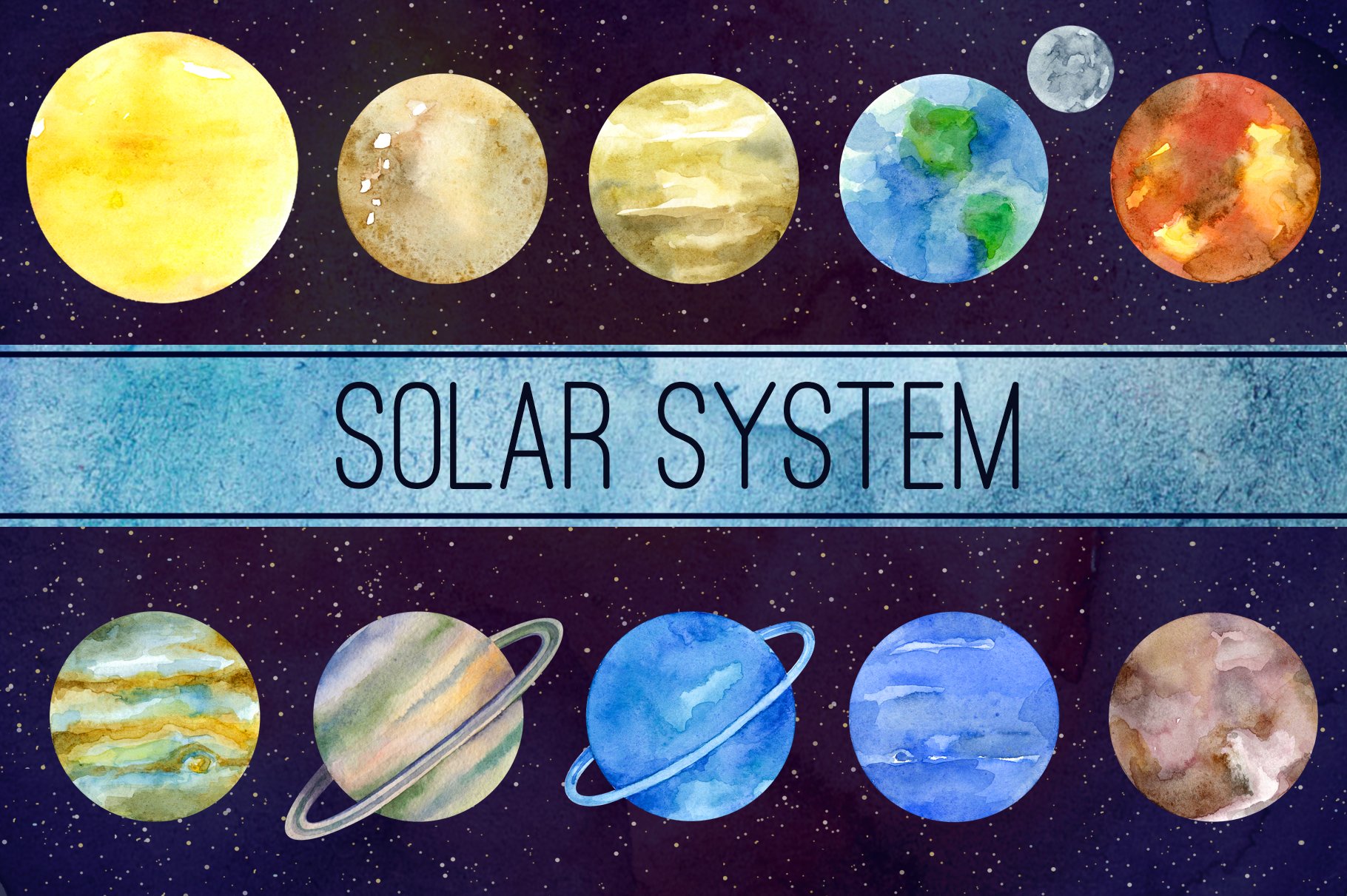 Solar system Watercolor clipart cover image.