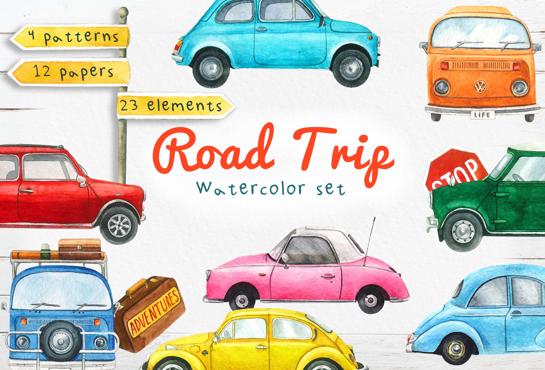 Road trip watercolor set cover image.