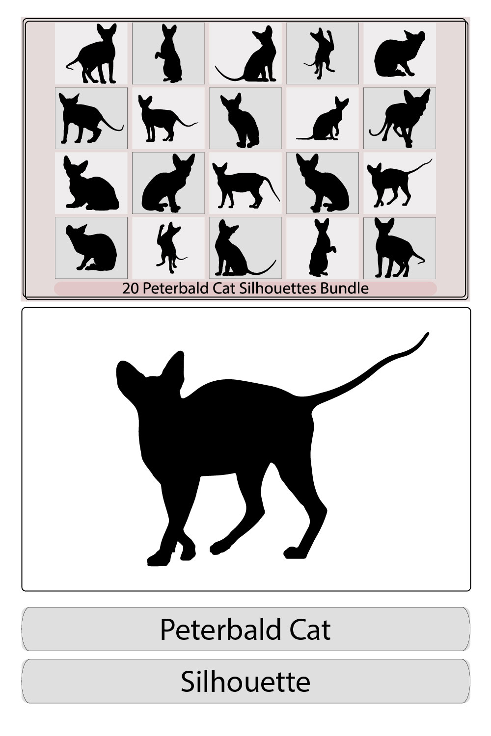 Peterbald Cat, Cat breed face cartoon flat icon design,Peterbald cat SIlhouette ,Peterbald cat silhouette bundle, pinterest preview image.