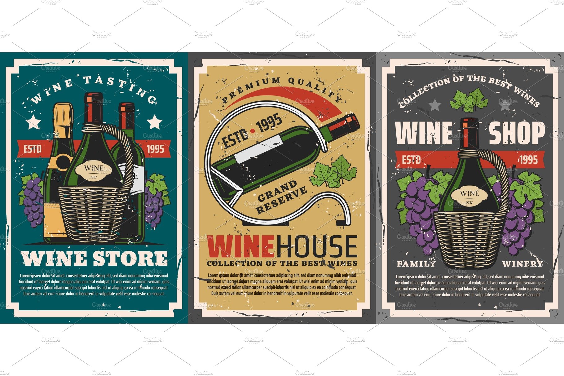 Wine bottles, grapes, vine. Winery cover image.