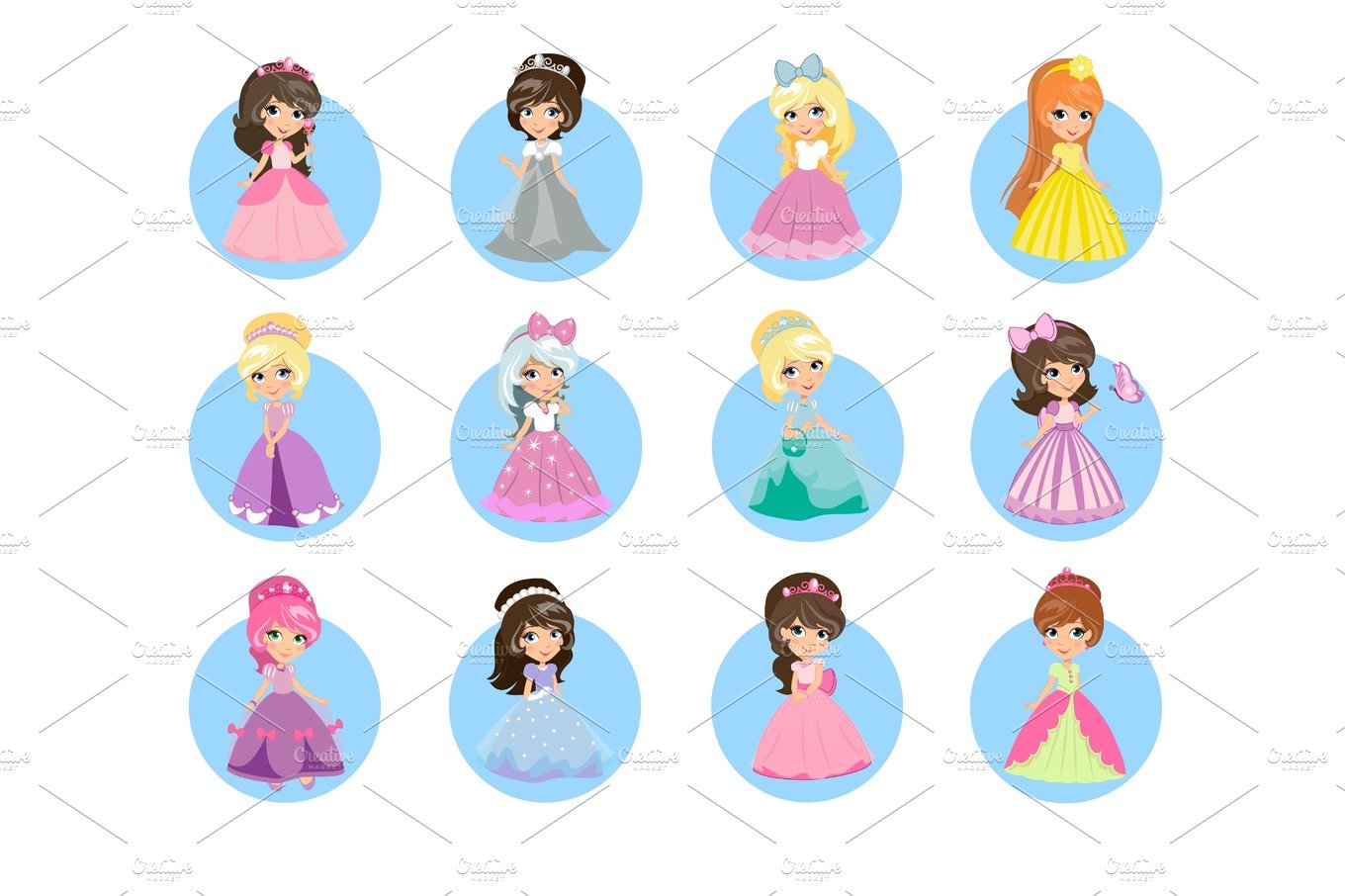 Beautiful Cartoon Princesses Flat Vector Icons Set cover image.