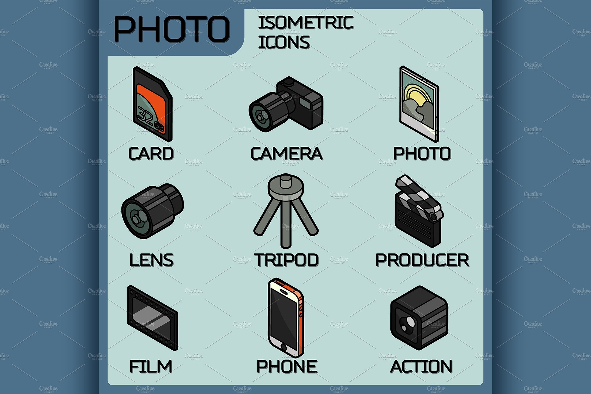 Photo color outline isometric icons cover image.