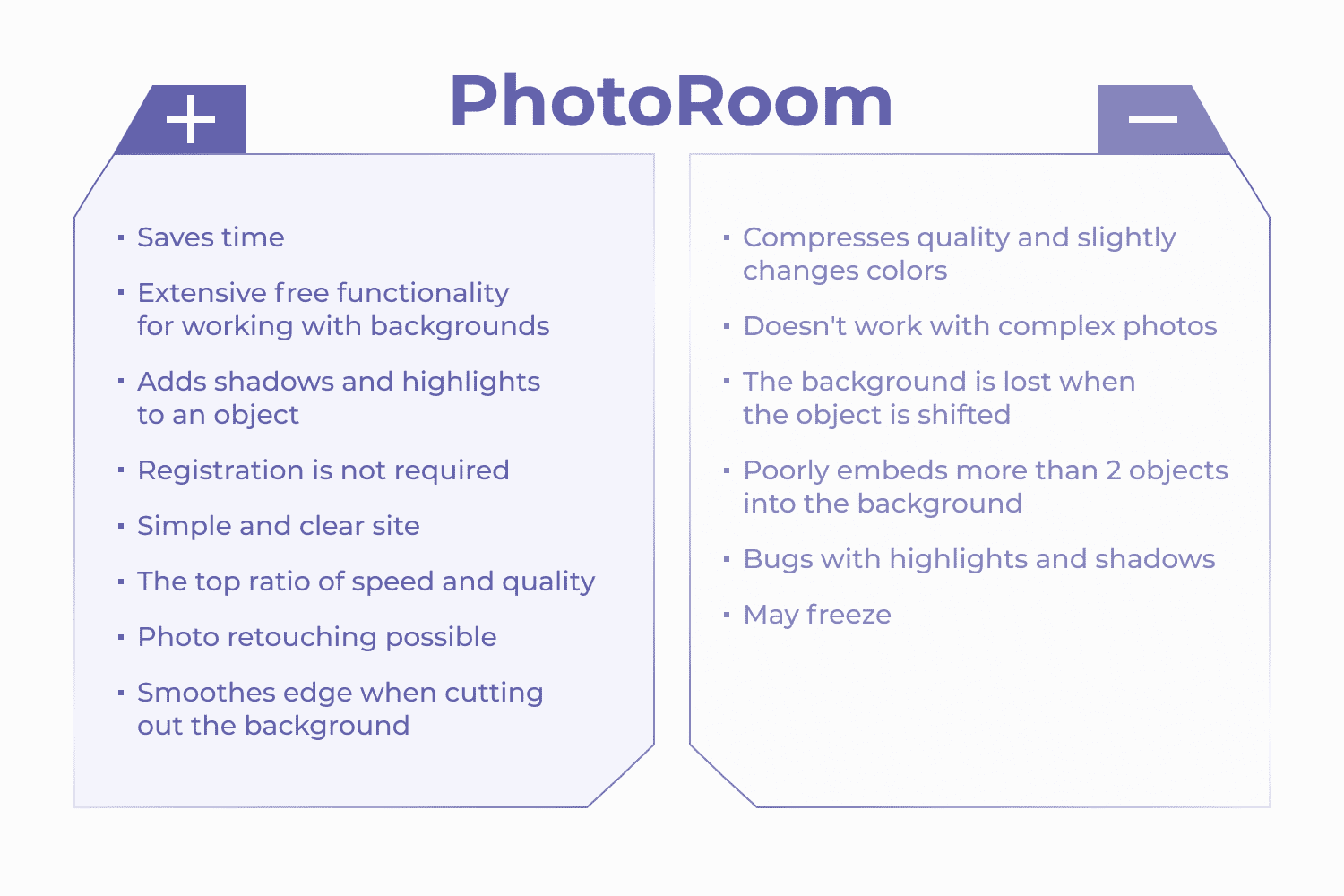 Table of advantages and disadvantages of the Photoroom neural network.