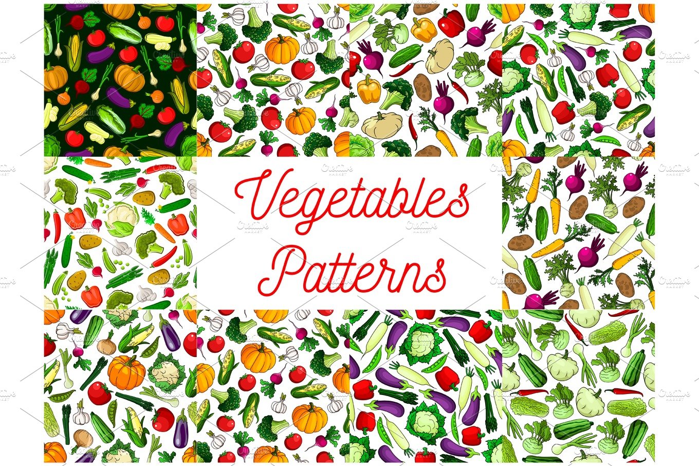 Vegetables patterns set. Vegetarian background cover image.