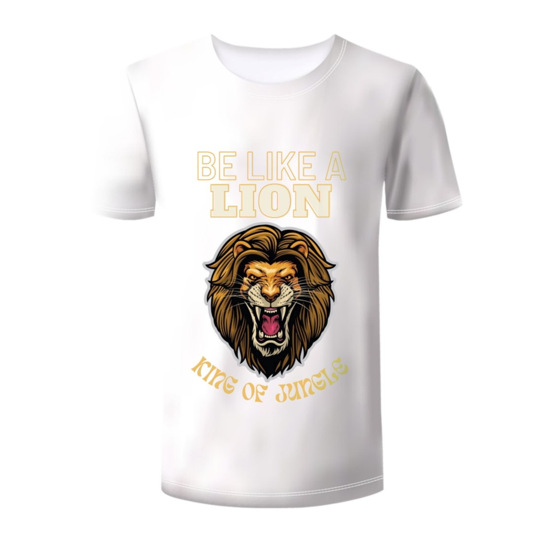 White t - shirt with a lion's face on it.