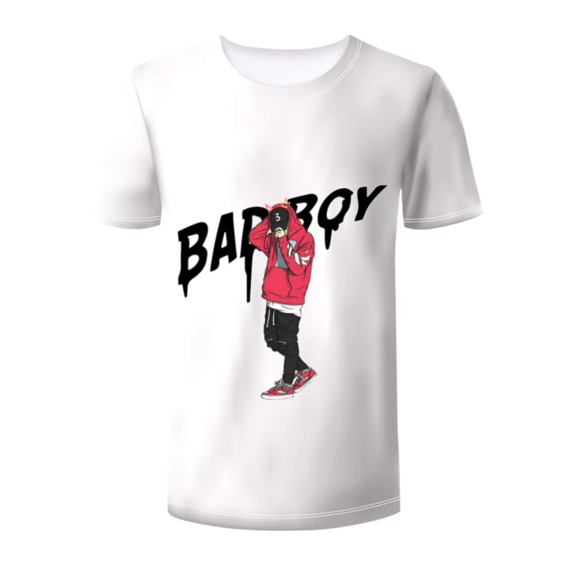 White t - shirt with a black and red graphic of a man wearing a.