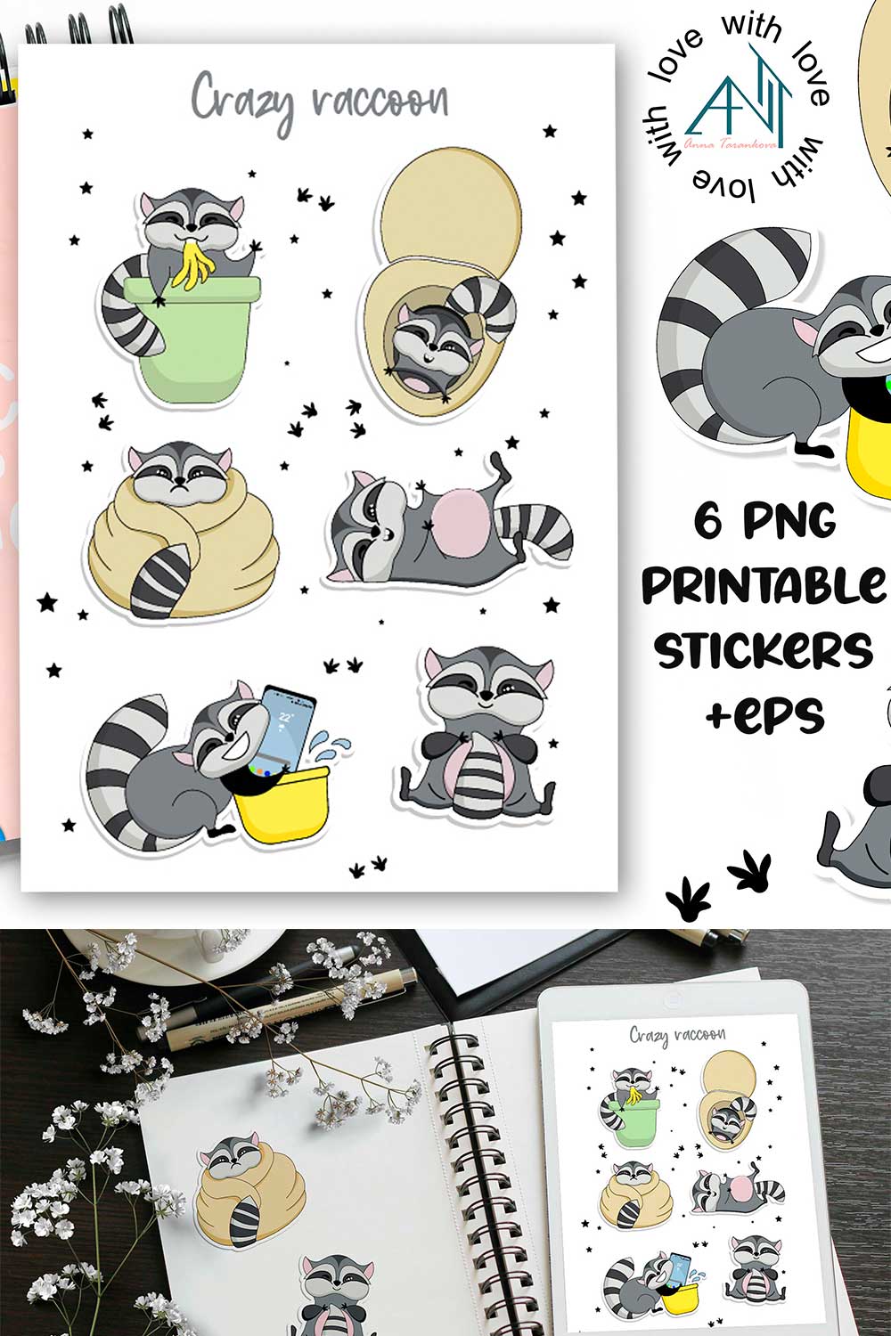 Funny Racoon sticker sheet | 6 png stickers design pinterest preview image.
