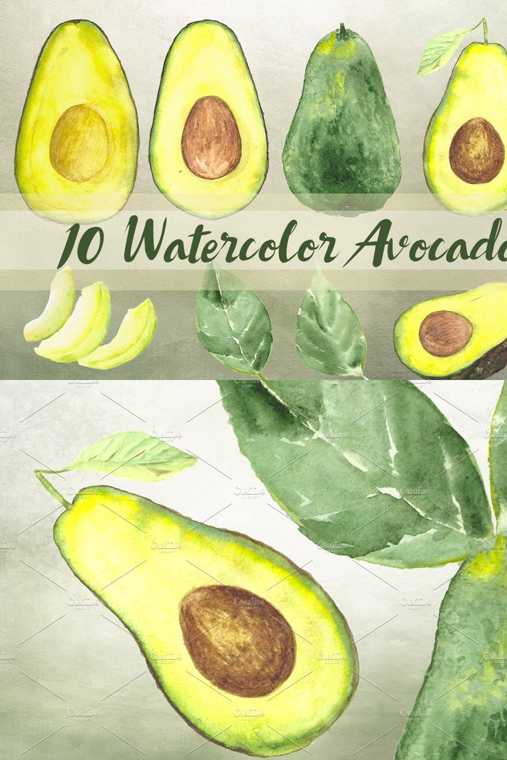 10 Watercolor Avocado Clip Art Set pinterest preview image.
