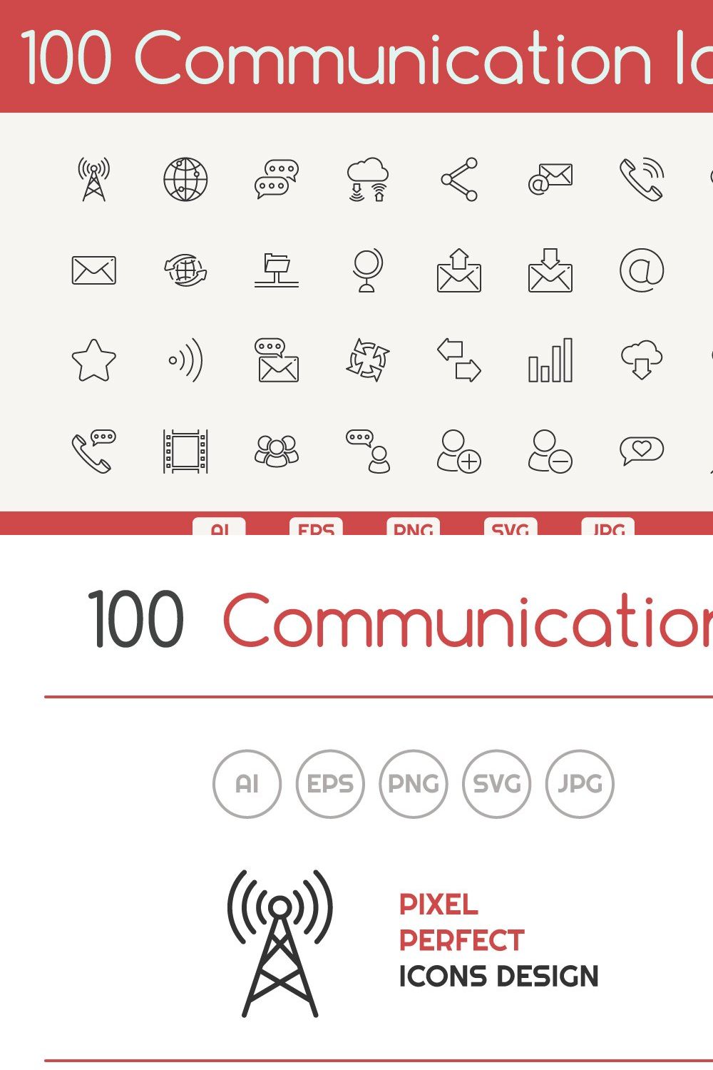 100 Communication Icons pinterest preview image.