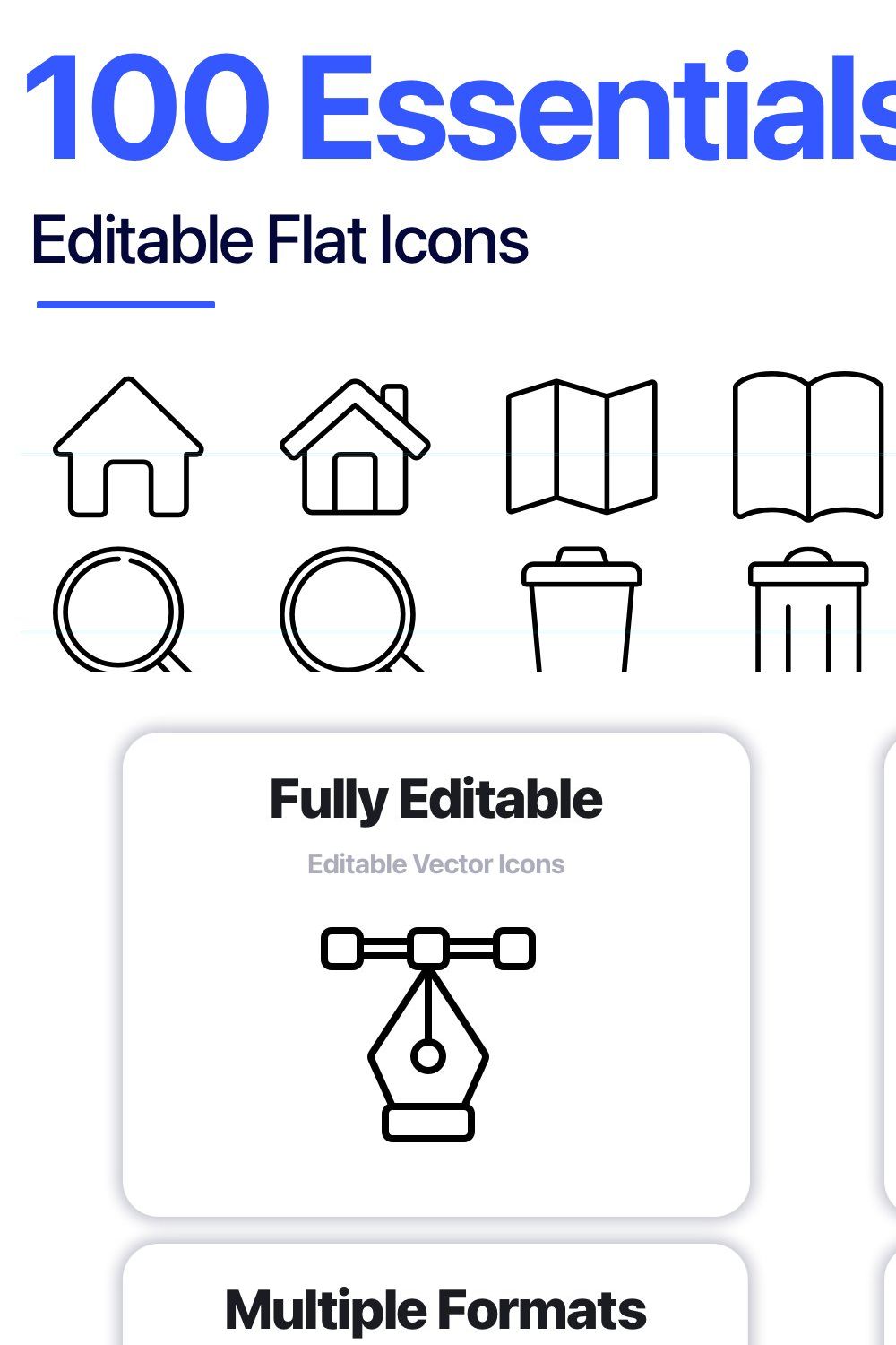 100 Essentials Line Vector Icons pinterest preview image.