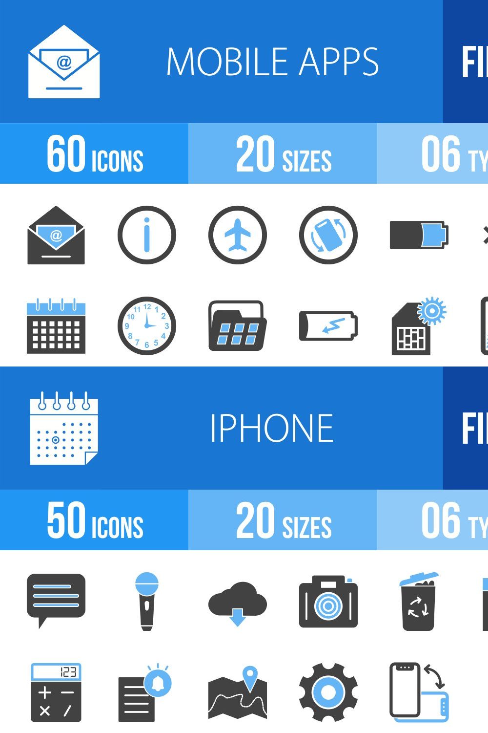 110 Mobile Apps Blue & Black Icons pinterest preview image.