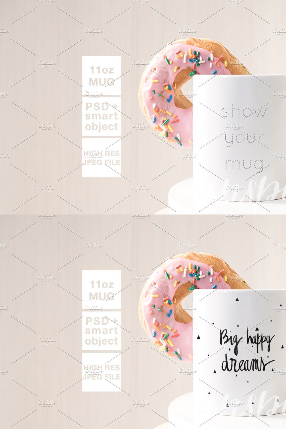 11oz Ceramic Mug Mockup + Donut PSD pinterest preview image.