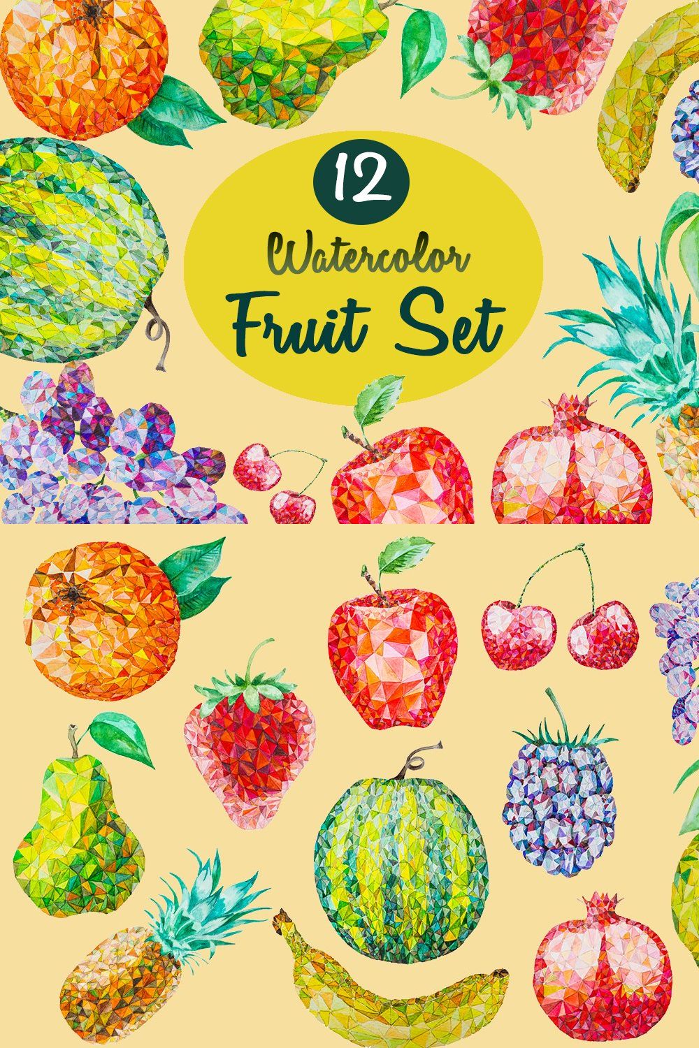 12 Watercolor Low Poly Fruit Set pinterest preview image.