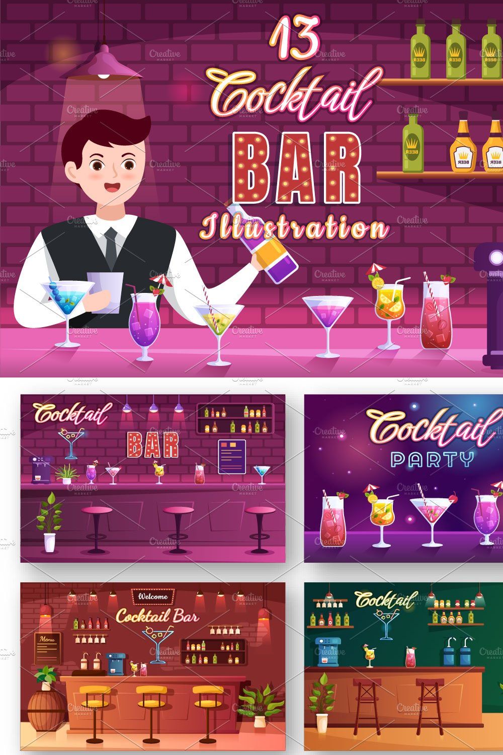 13 Cocktail Bar Illustration pinterest preview image.