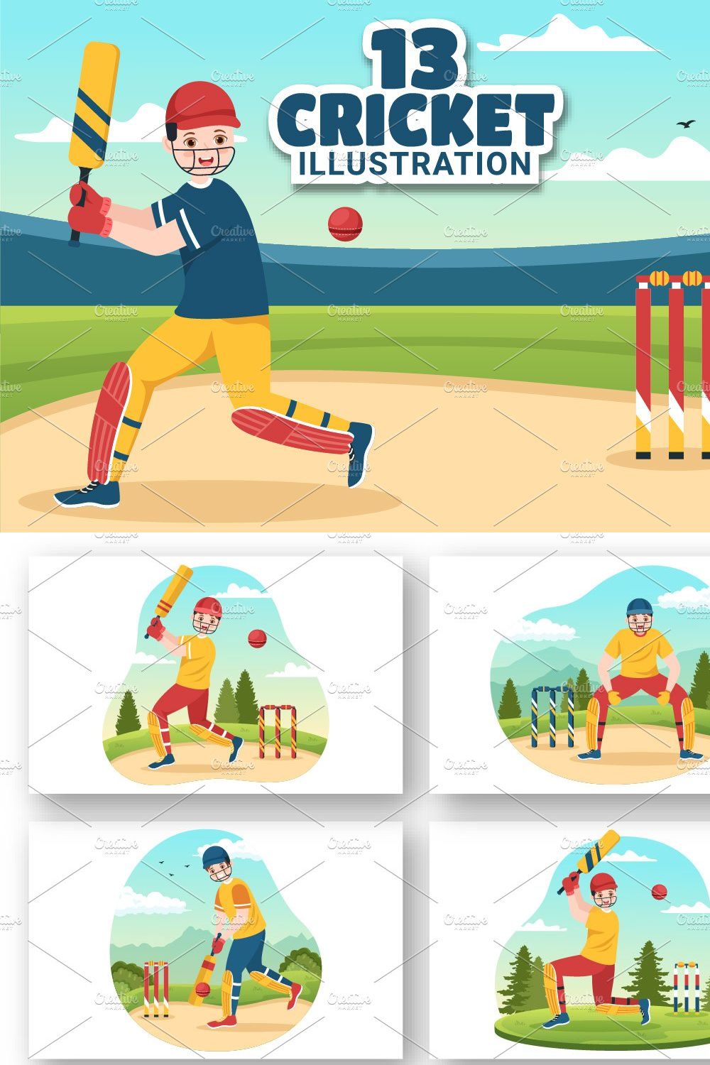 13 Cricket Sport Illustration pinterest preview image.
