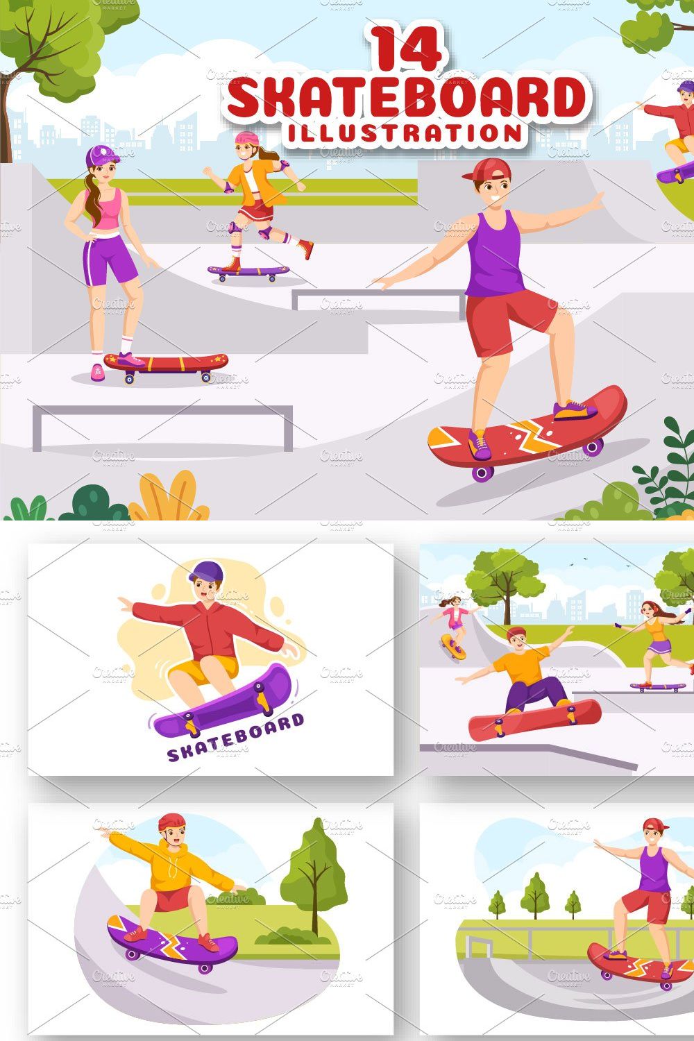 14 Skateboard Sport Illustration pinterest preview image.