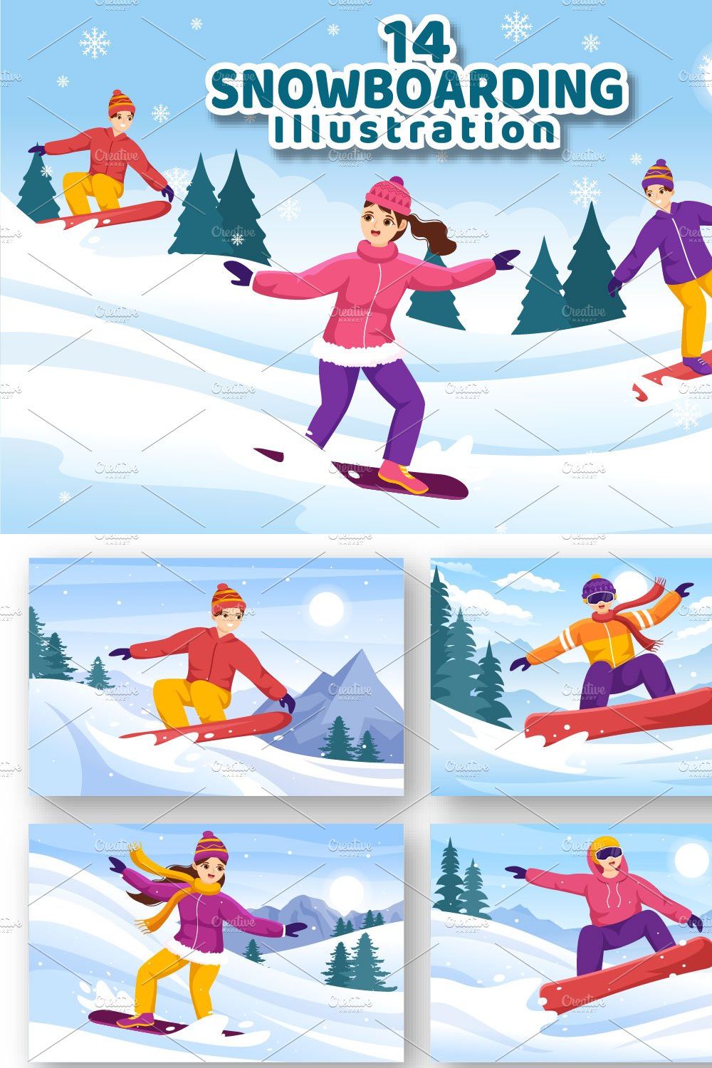 14 Snowboarding Illustration pinterest preview image.