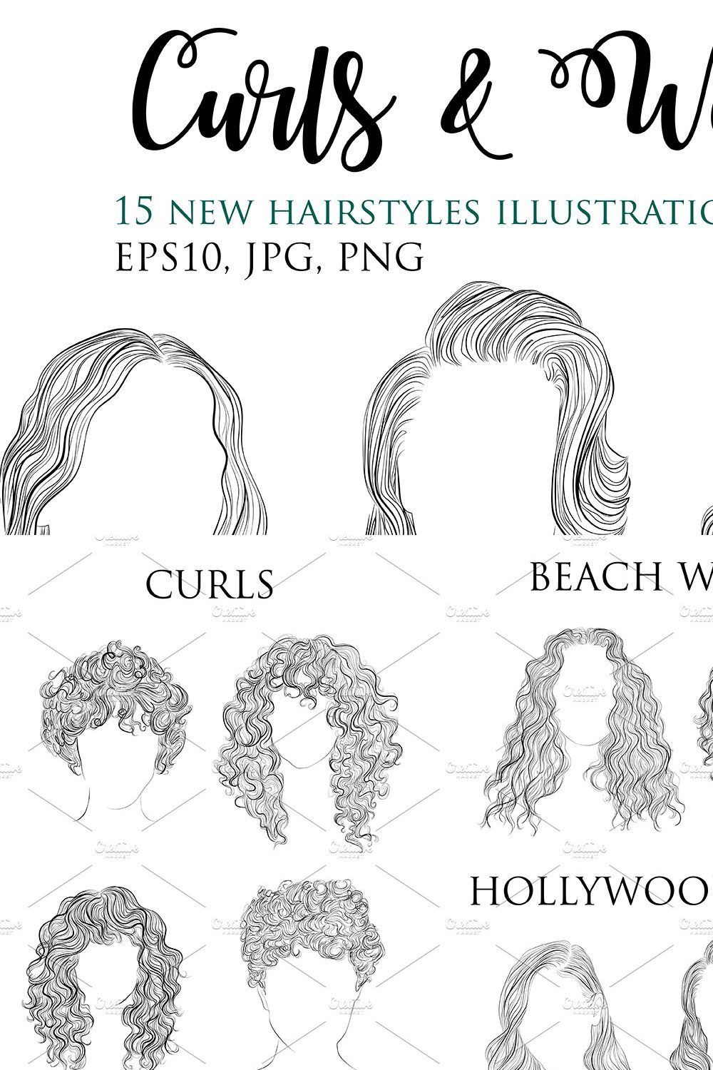 15 Curly and wavy hairstyles Vector pinterest preview image.