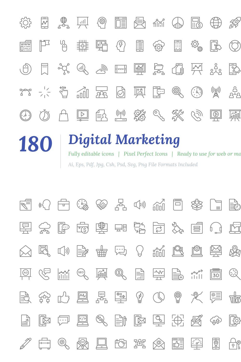 180 Digital Marketing Line Icons pinterest preview image.