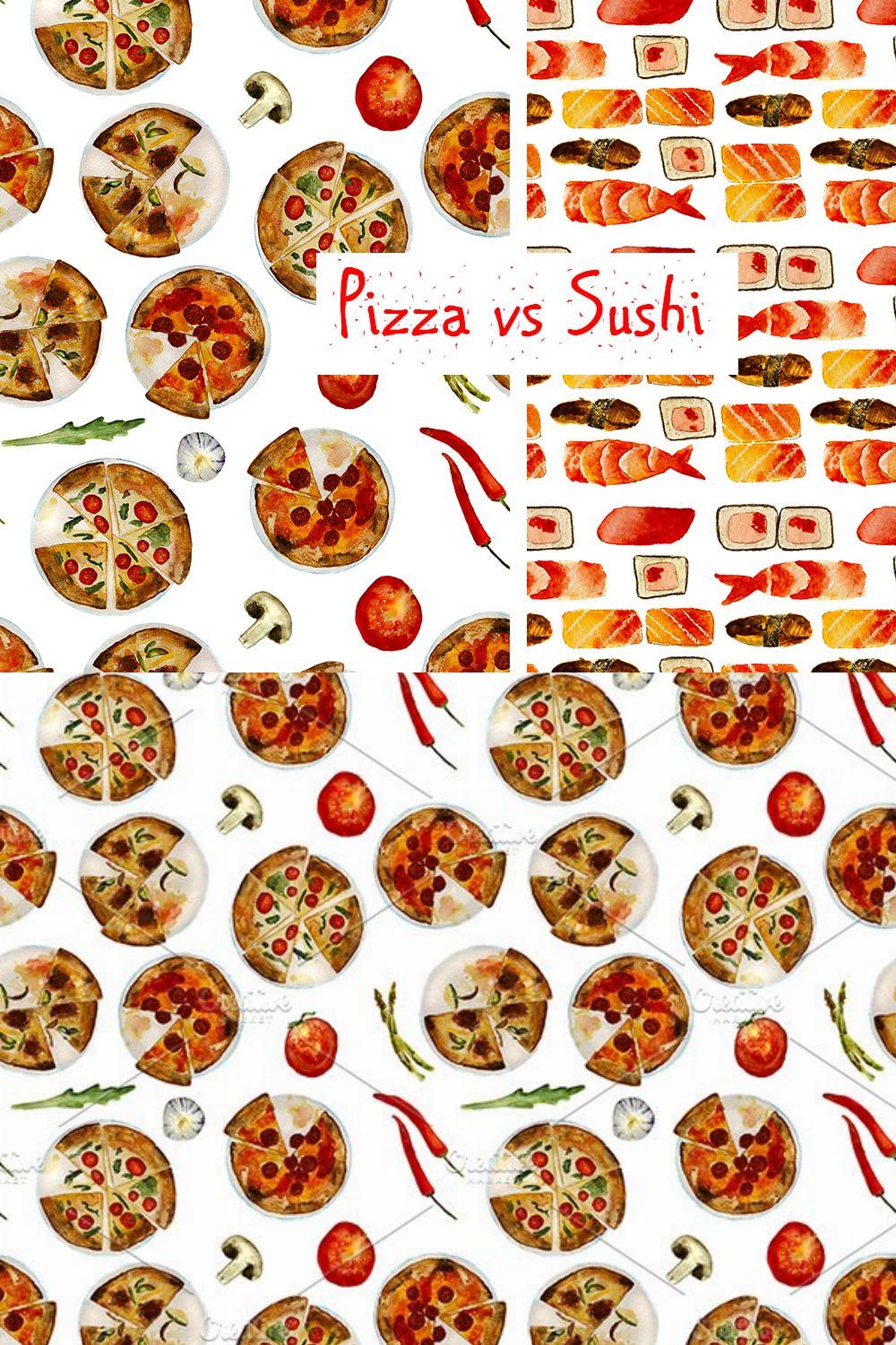 2 food patterns: pizza and sushi pinterest preview image.