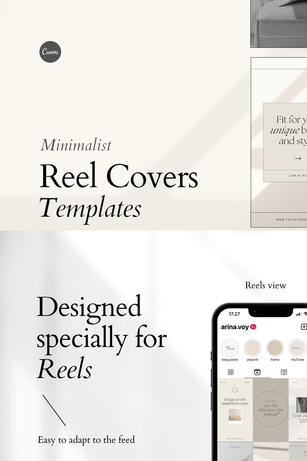 20 Minimalist Reel Covers for Canva pinterest preview image.