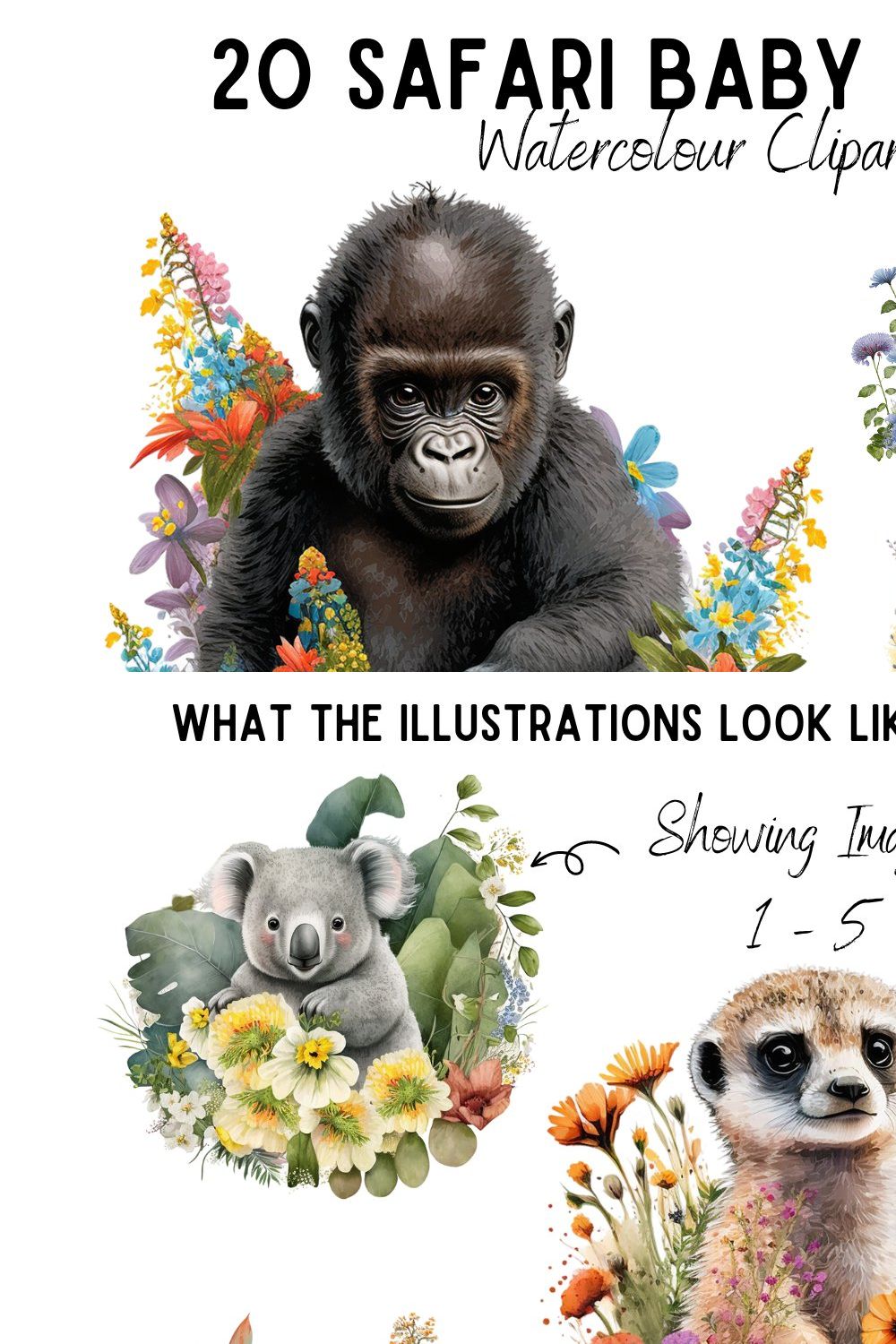 20 Watercolour Safari Baby Animals pinterest preview image.