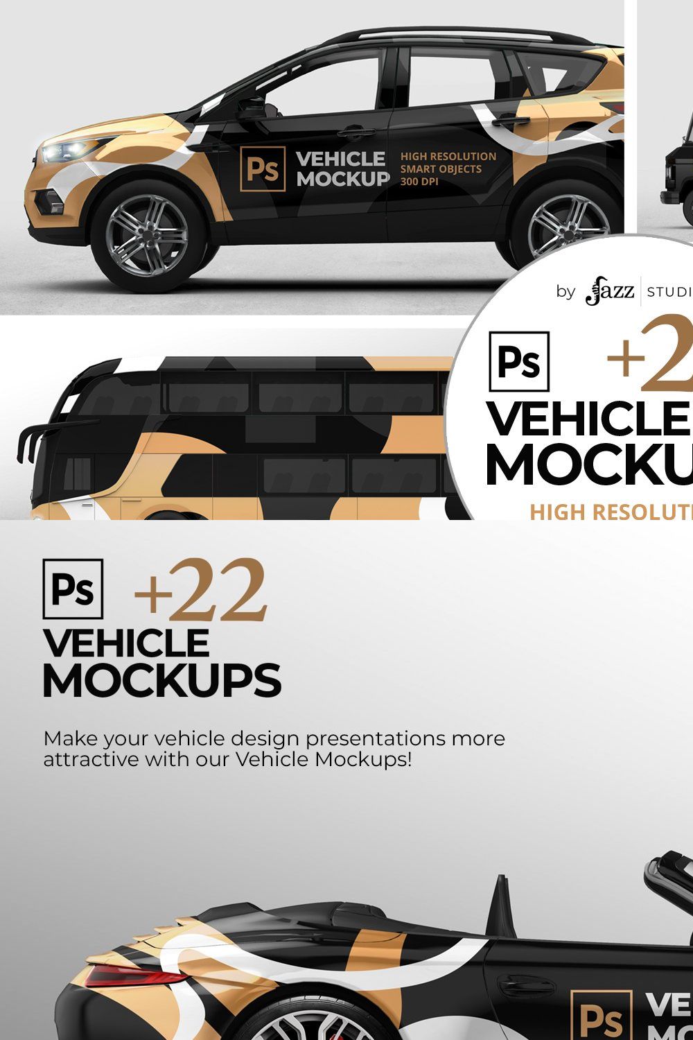 22 Vehicle Mockups - Cars and more pinterest preview image.