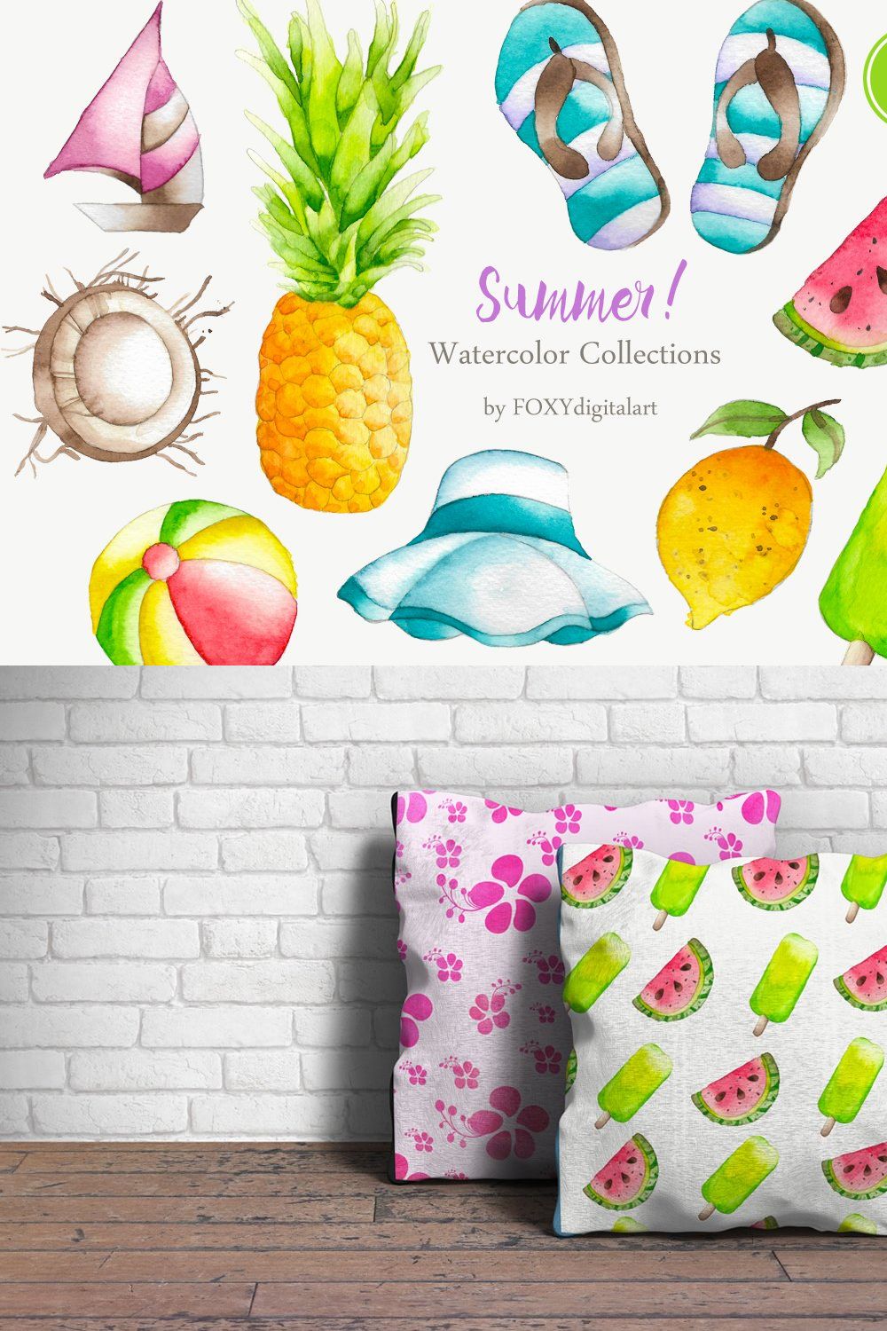 24 Watercolor Summer Clipart pinterest preview image.