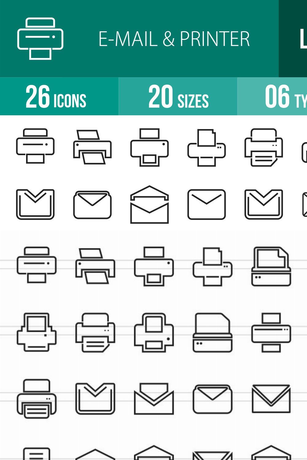 26 Email & Printer Line Icons pinterest preview image.