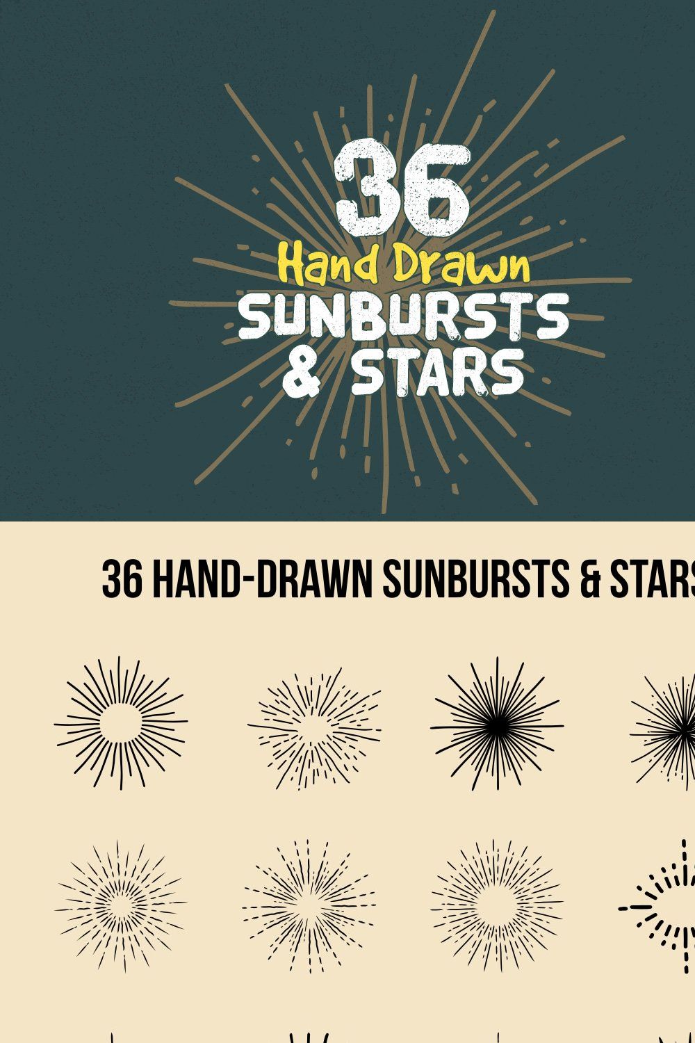 36 Hand Drawn Sunbursts & Stars pinterest preview image.