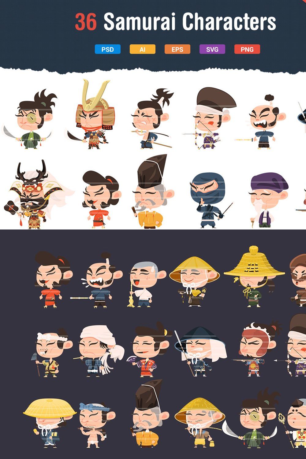 36 Samurai Characters pinterest preview image.