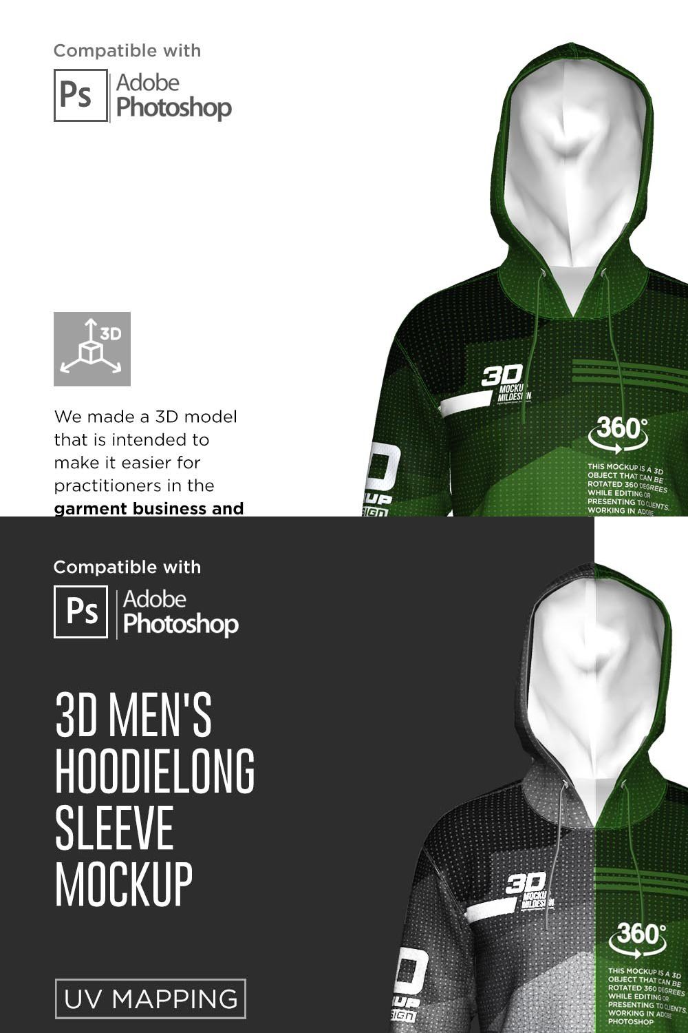 3D Men's Hoodie Long Sleeve Mockup pinterest preview image.