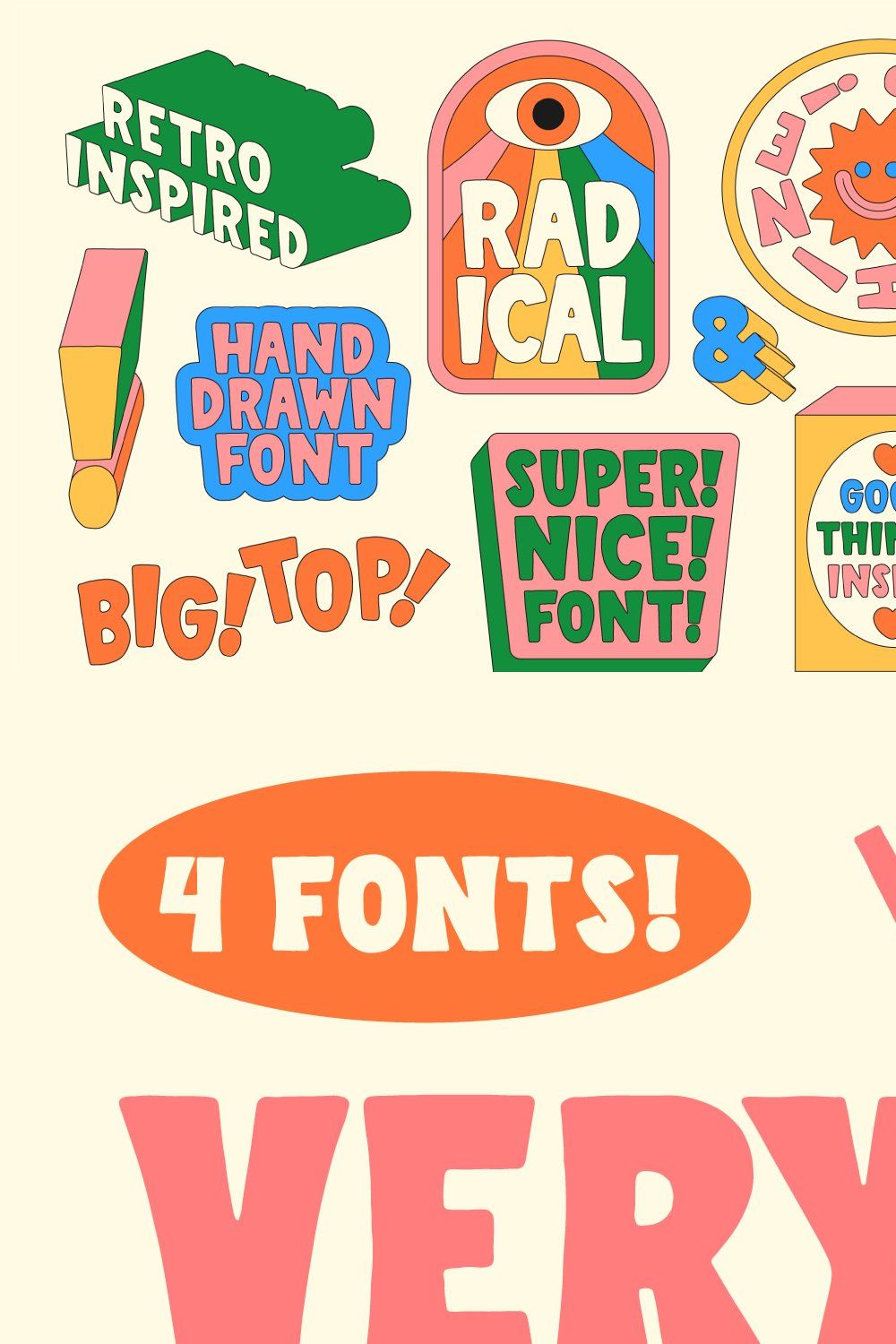 4 Hand Drawn Fonts! VeryVery! Retro! pinterest preview image.