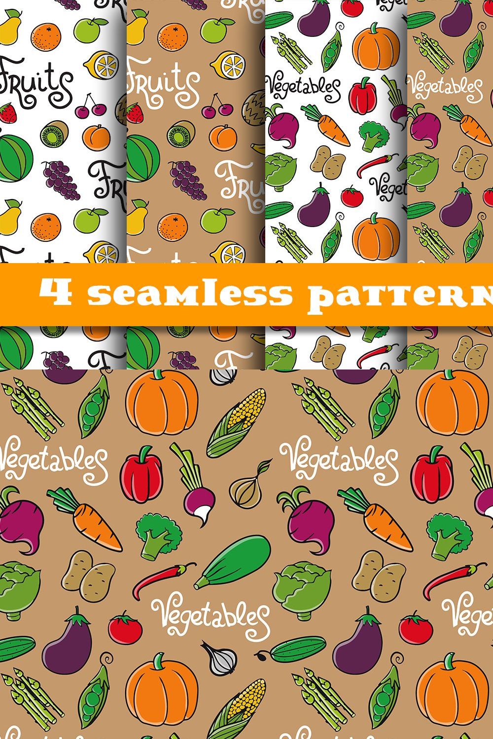 4  patterns with vegetables & fruits pinterest preview image.