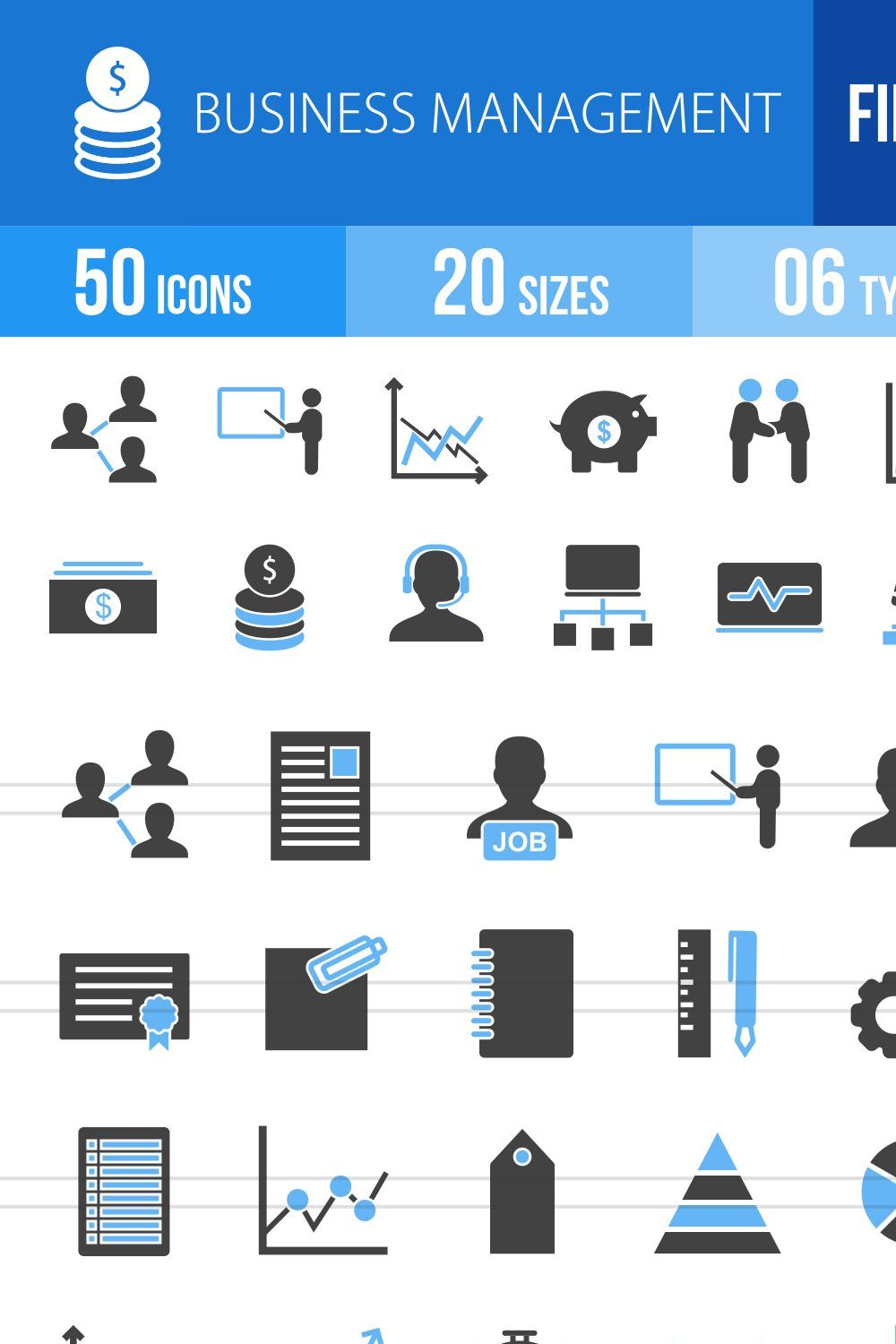 50 Business Blue & Black Icons pinterest preview image.